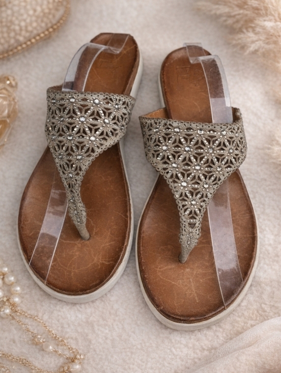 Nuvobella Shoes - NuvoBella Italian Leather Jeweled Thong Sandals EU 40 US 10 Taupe Rhinestone